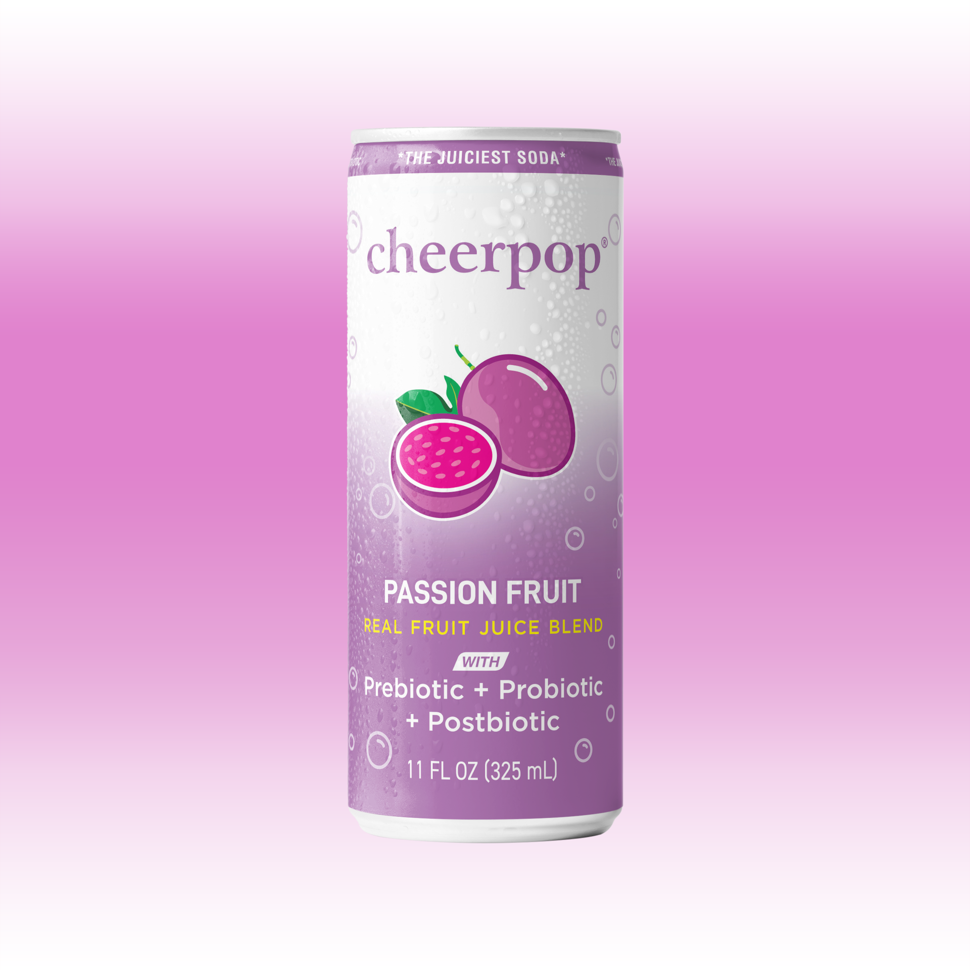 cheerpop® Passion Fruit sparkling fruit soda can with prebiotic and probiotic blend
