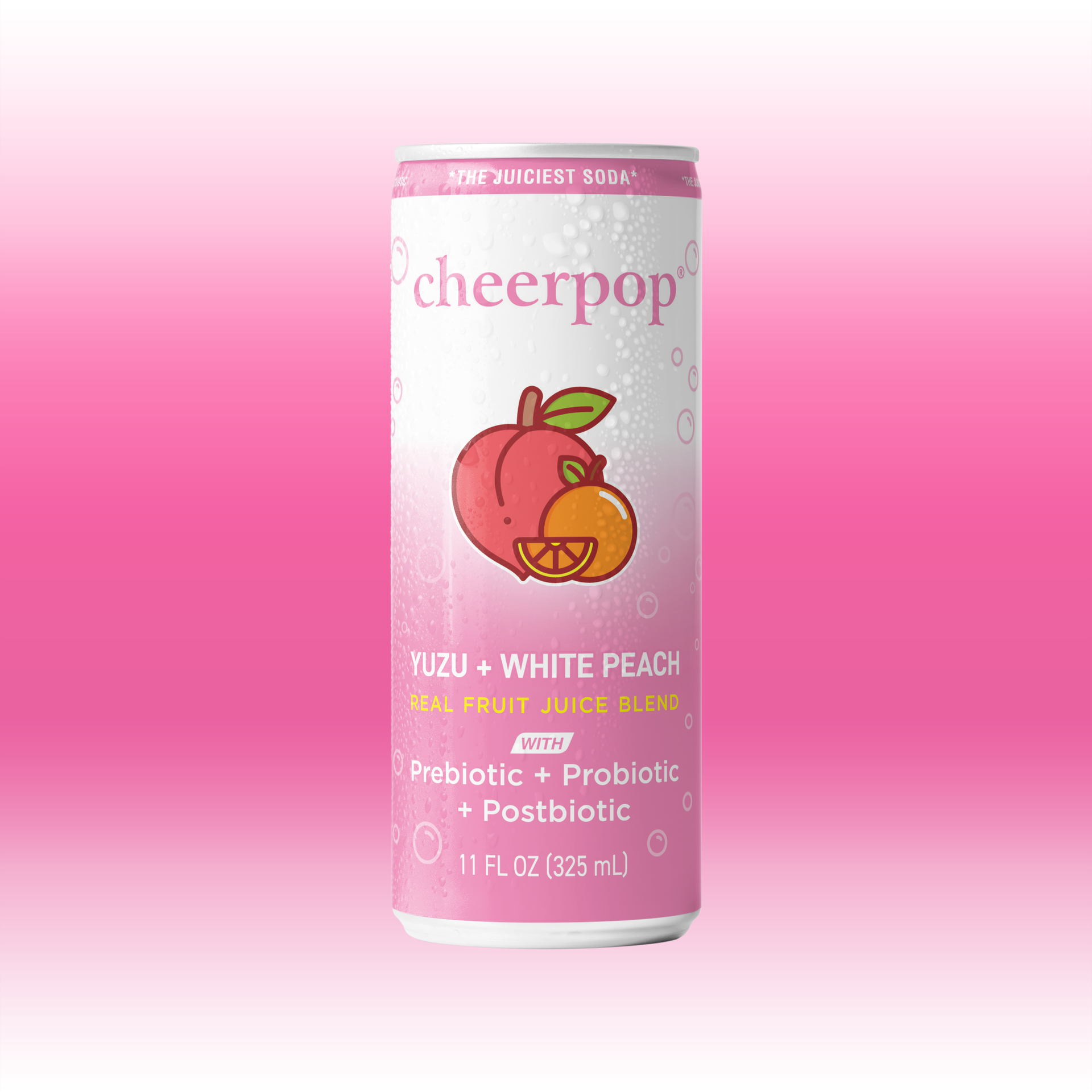 cheerpop® Yuzu + White Peach sparkling fruit soda can with functional ingredients