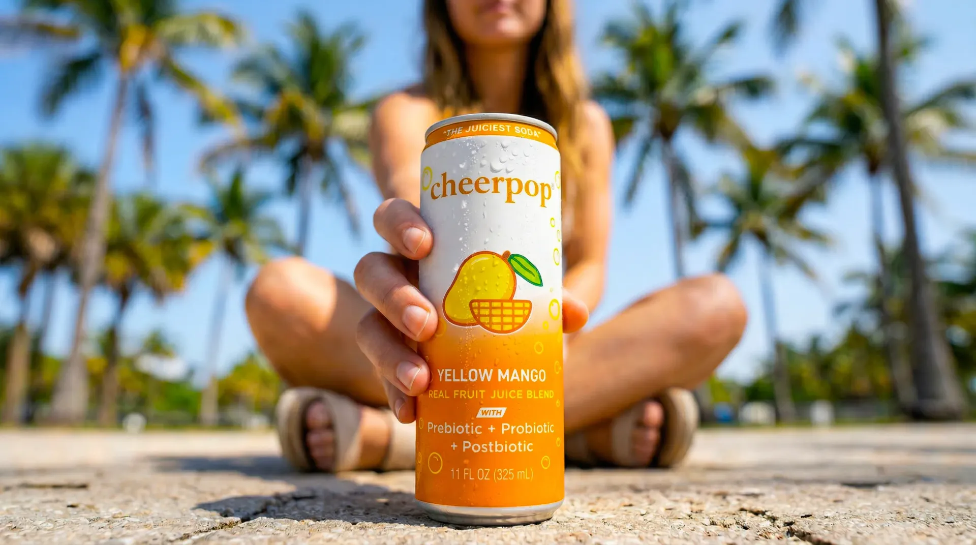 Orange drink can held on a beach, with palm trees and a woman blurred in the background.