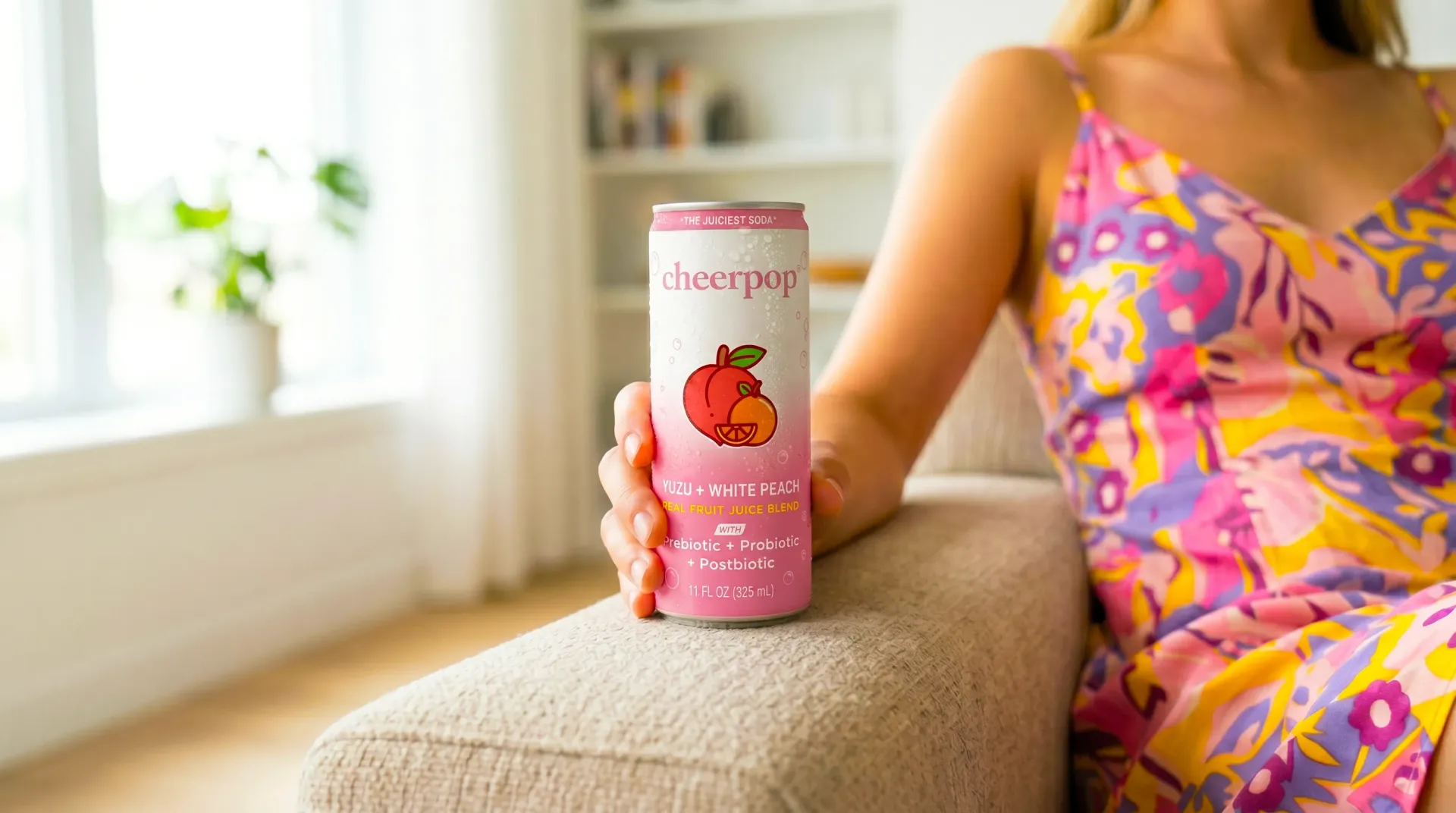Pink canned drink with fruit graphic held on a couch beside a person in a colorful dress