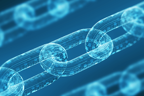 Blue, digital blockchain illustration.