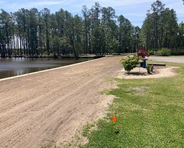 A sandy path runs along the edge of a pond, with a green lawn, trees, and a playground area in the background.