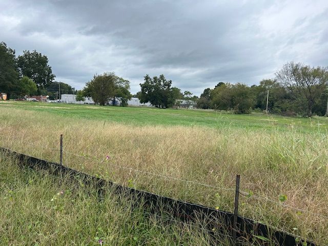 A field of tall, dry grass in the foreground leads to a green pasture with scattered trees under a cloudy sky.