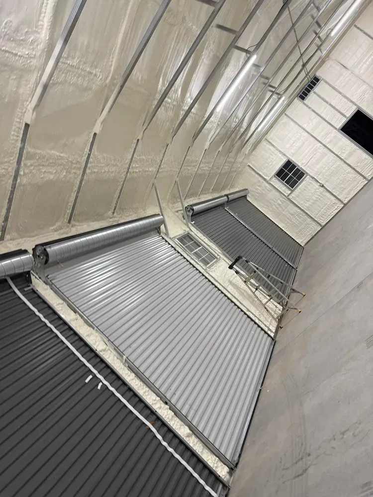 Interior view of a building's roof with gray roller doors, white foam insulation, and metal beams.