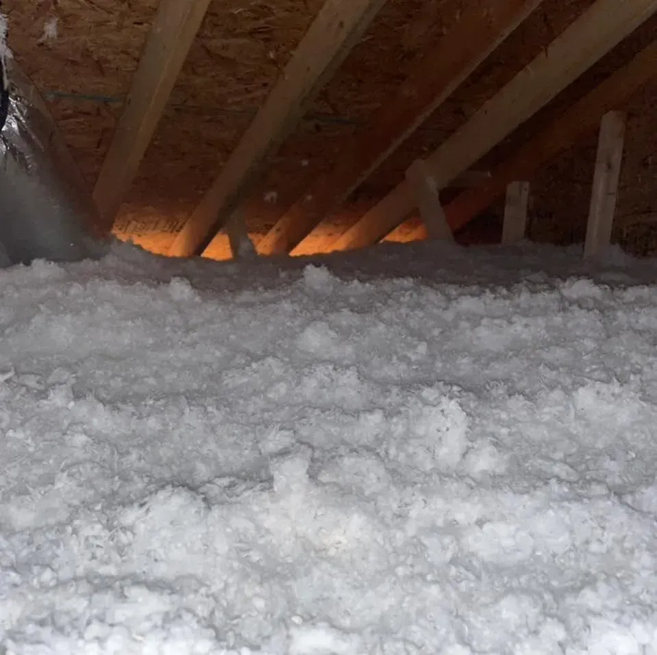 Attic with blown-in insulation and exposed rafters. Sunlight shines through opening.