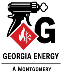 Logo for Georgia Energy, a Montgomery company, with a spray gun, fire/snowflake, and letter 