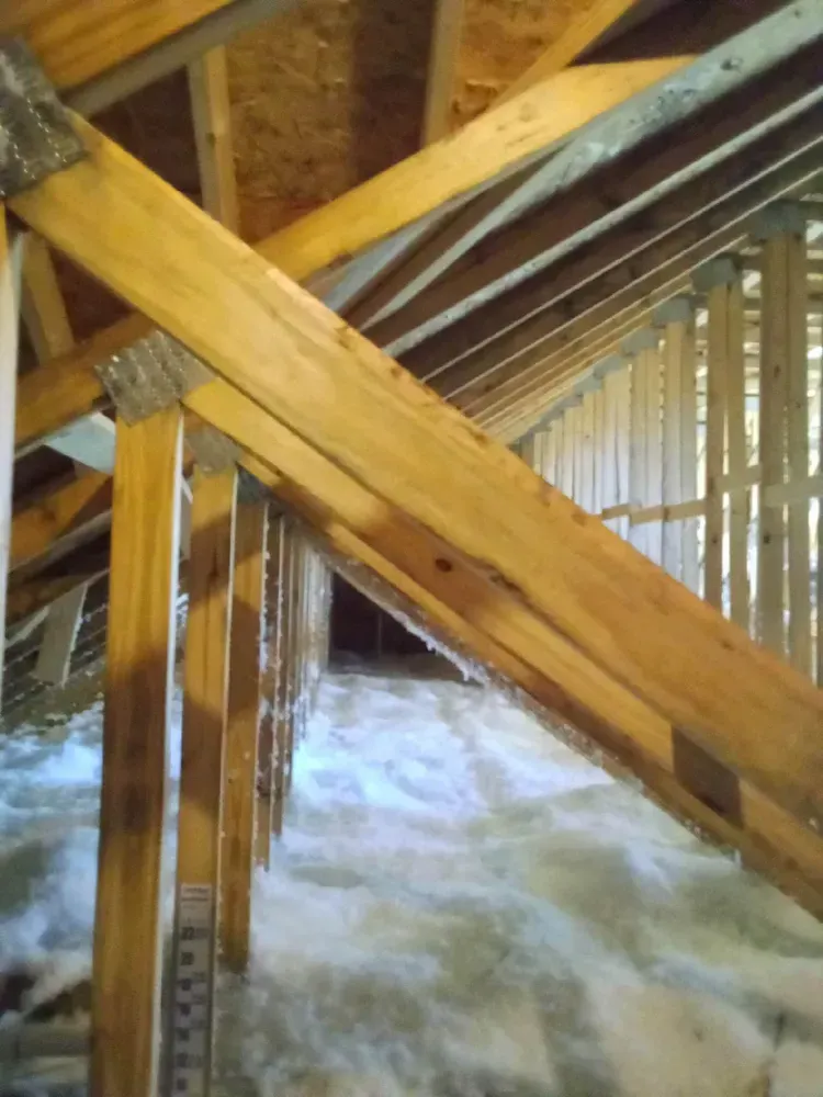 Interior attic view showing wooden beams and insulation.