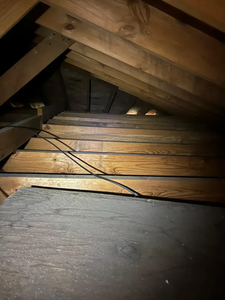 View of a dark attic interior with wooden beams and a visible cable.