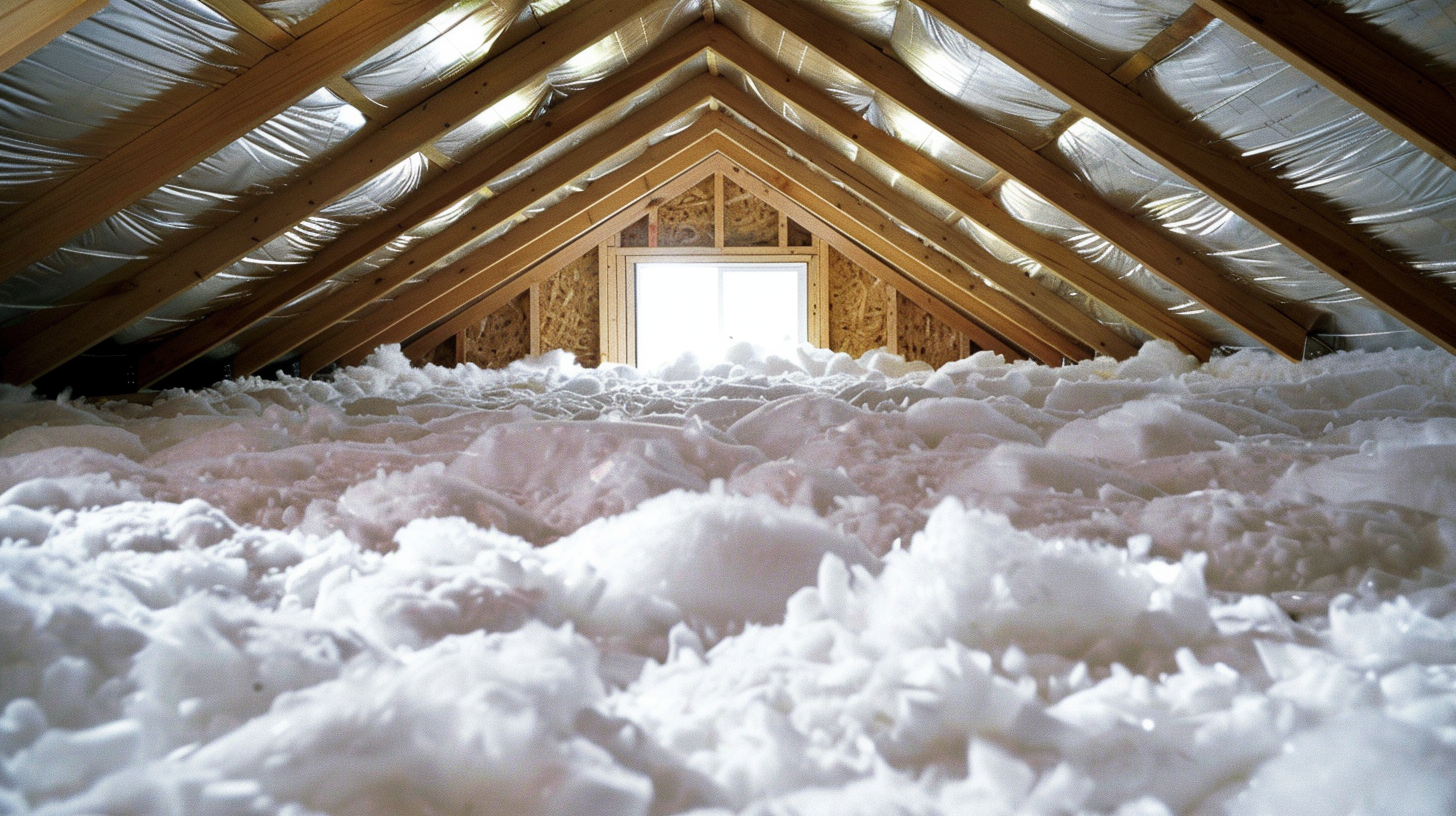 Attic filled with loose, white insulation; wooden rafters and a window are visible.