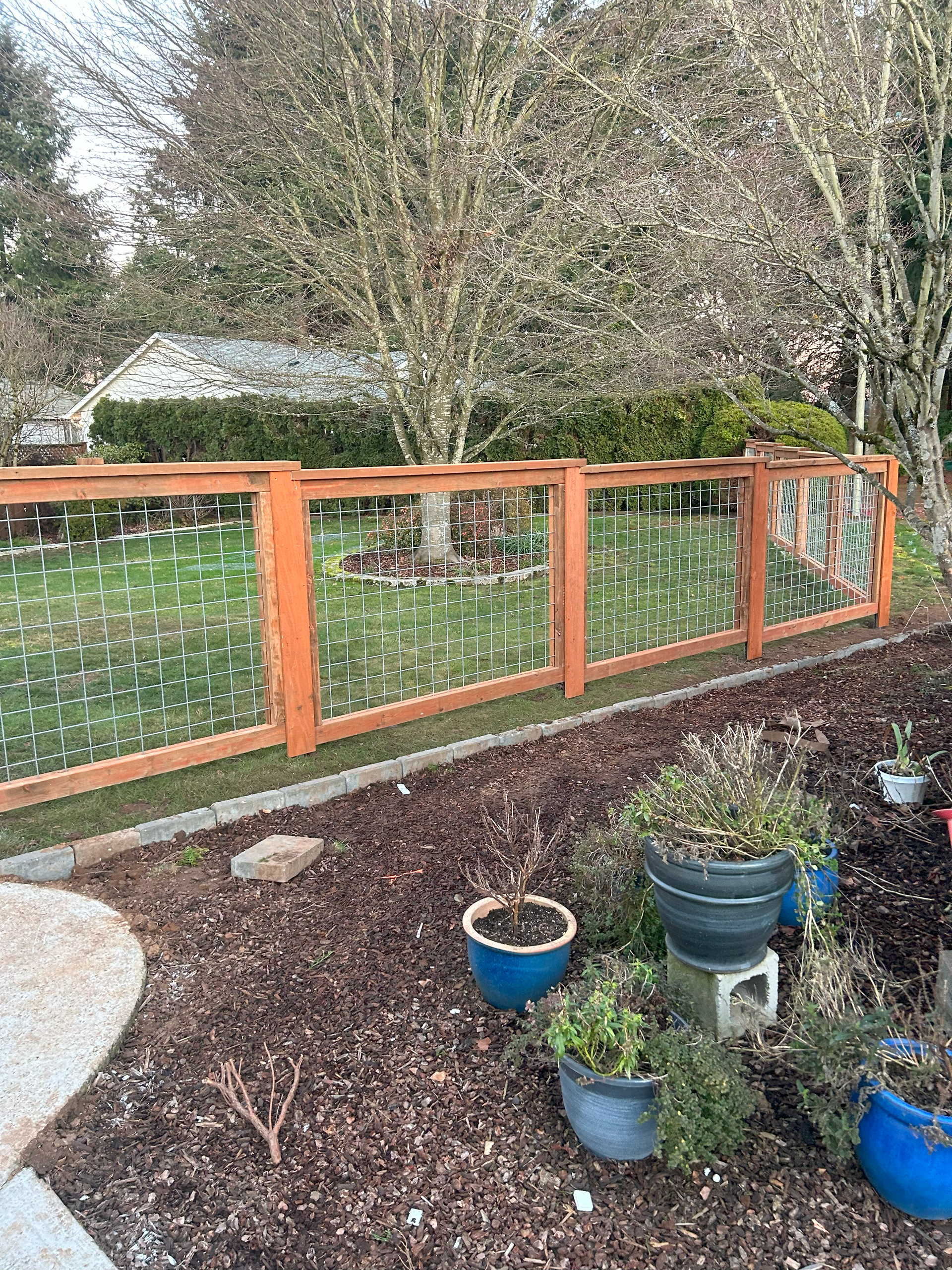 A wooden fence surrounds a garden with potted plants.