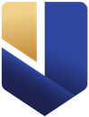 A blue and gold shield with a white line going through it.