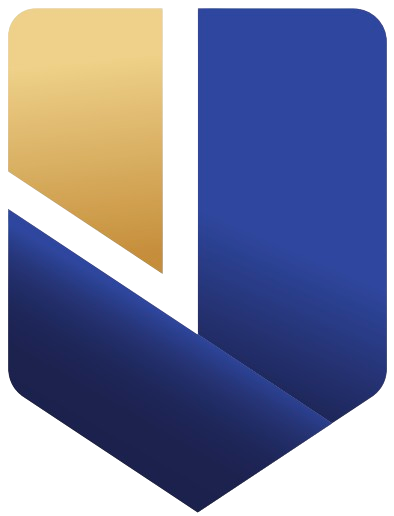 A blue and gold shield with a white line going through it.