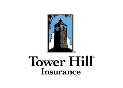 The logo for tower hill insurance shows a lighthouse on top of a hill.