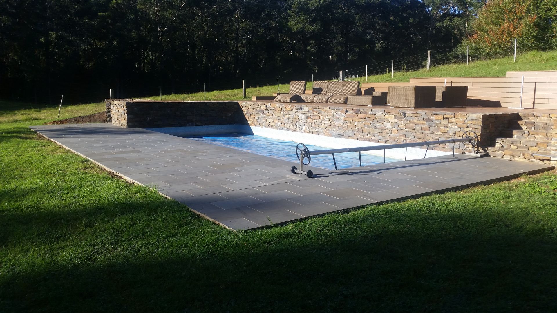 Garden Landscape Design With Pathway Intersecting Bright Green Lawns — Wallaroo Landscapes In Nowra NSW