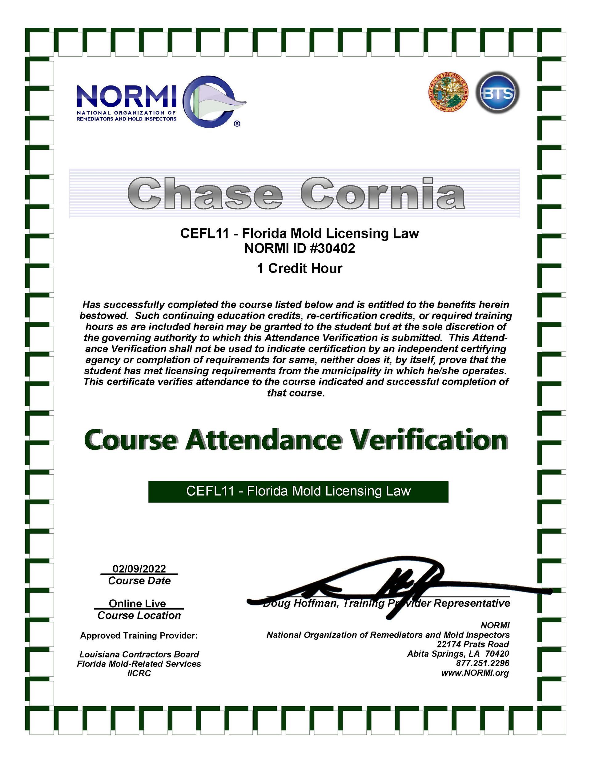 a chase cornia course attendance verification certificate