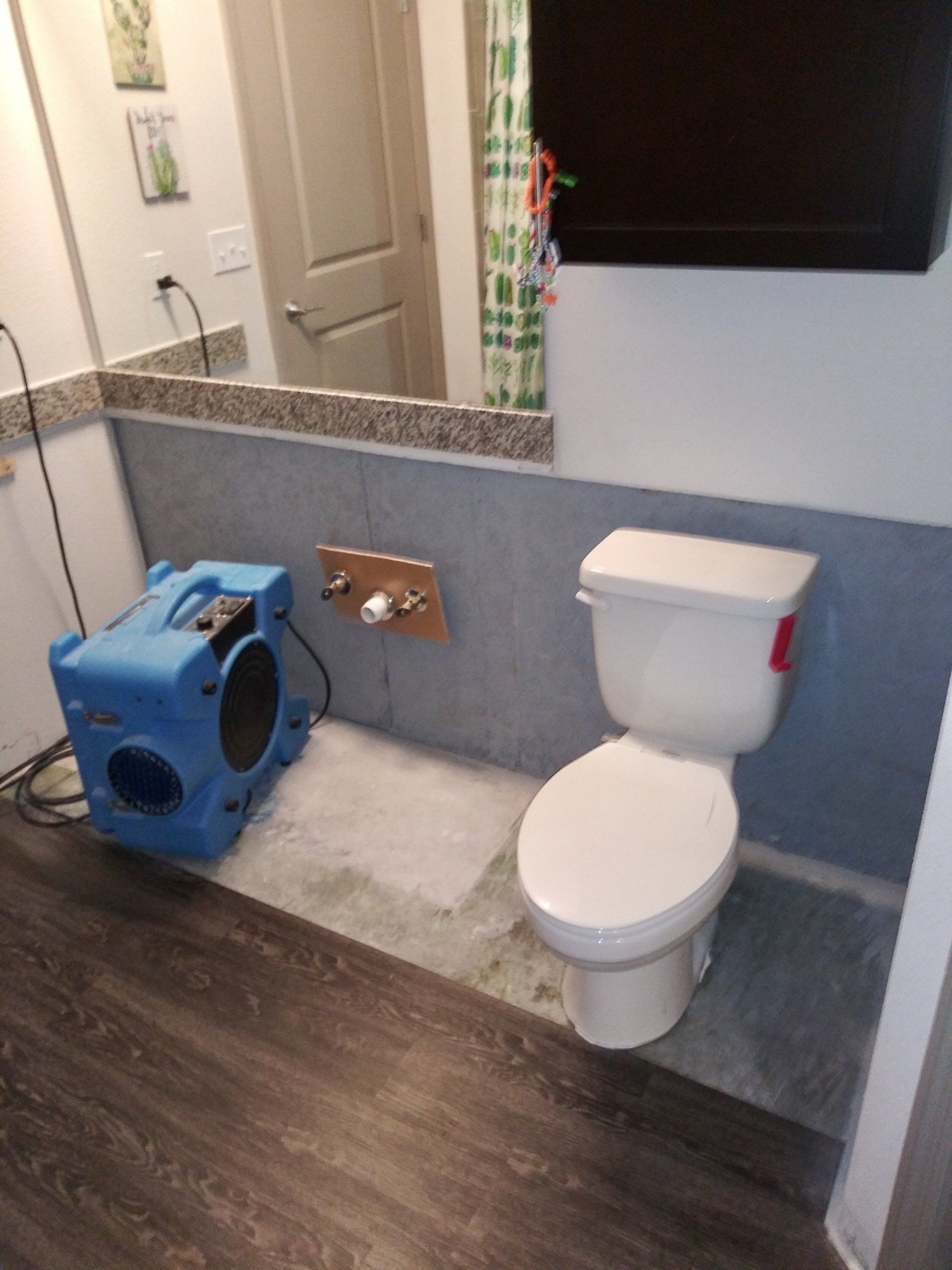 a bathroom with a toilet and a blue fan