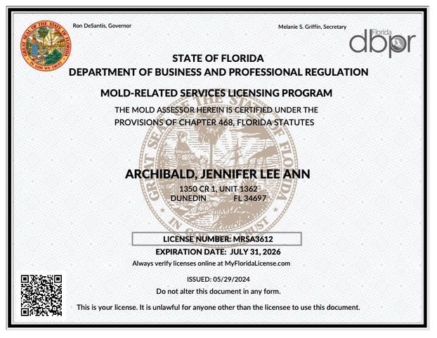 A state of florida department of business and professional regulation mold related services licensing program - Assessor License - Jenni Archibald