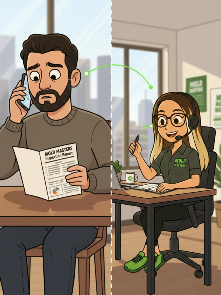 A split-screen illustration for Mold Masters; on the left, a concerned customer reviews a mold inspection report while on the phone, and on the right, office expert Ricki provides a professional consultation to explain the findings and next steps.