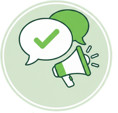 Mold Masters icon for Honest, Clear Communication, featuring a white megaphone and green speech bubbles with a checkmark, symbolizing transparent mold inspection reporting and reliable customer consultation.