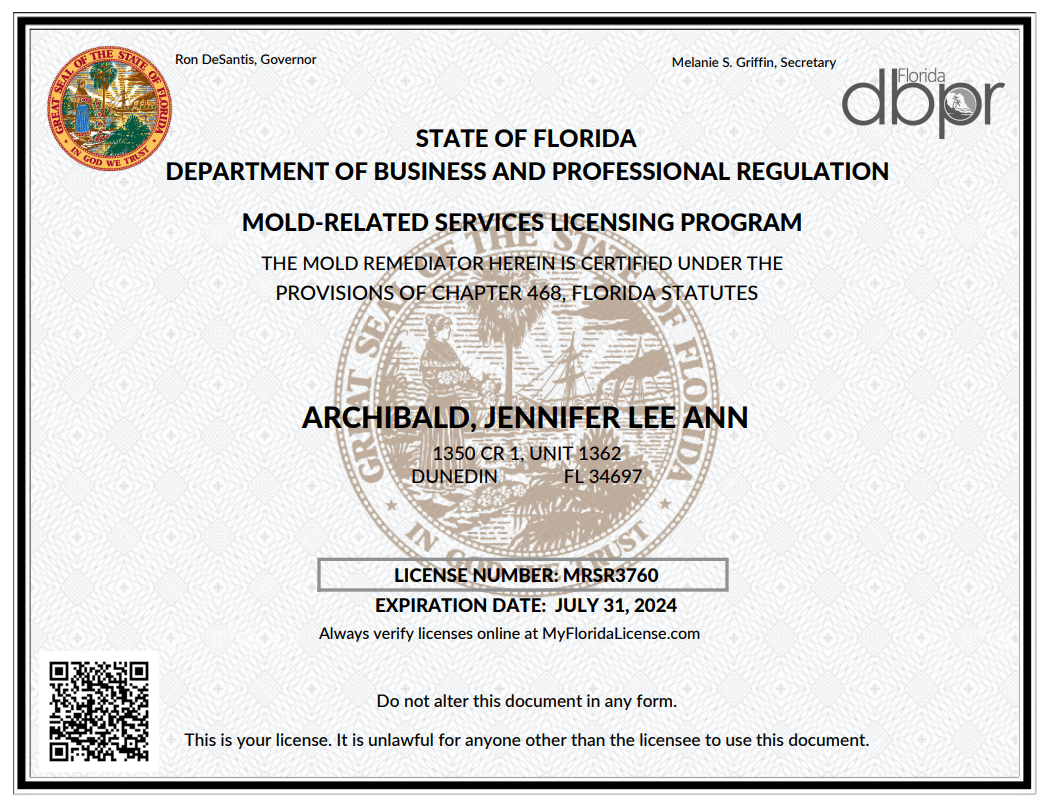a certificate from the state of florida that says archibald jennifer lee ann
