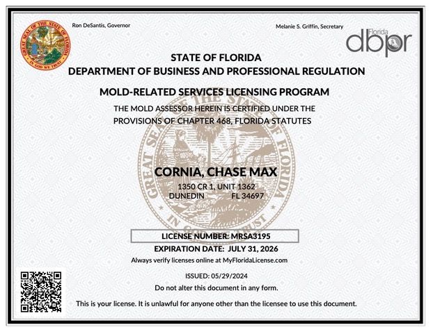 A state of florida department of business and professional regulation mold related services licensing program - Licensed assessor - Chase Cornia