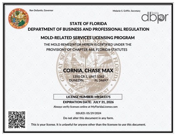 A state of florida department of business and professional regulation  mold related services licensing program - Licensed remediator - Chase Cornia