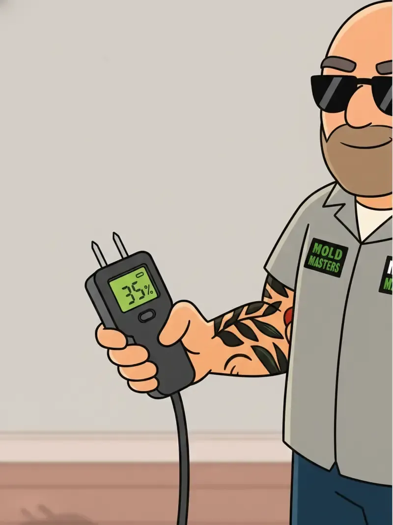 A first-person point-of-view illustration of Mold Masters expert Chase holding a professional digital moisture meter, showing a 35% humidity reading during a home mold inspection.