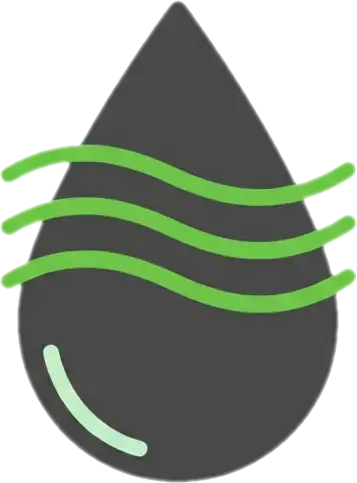 Professional humidity and moisture level icon in Mold Masters brand colors, featuring a dark grey water droplet with green vapor lines representing indoor air quality and mold prevention.