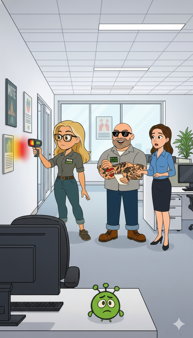 Mold Masters experts Chase and Jenni performing a commercial mold inspection in a modern office; Jenni uses a FLIR thermal camera to scan walls for hidden moisture while Chase consults with a business manager about indoor air quality and safety protocols.