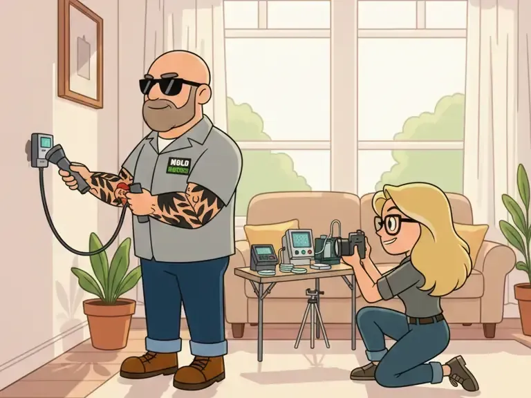 Mold Masters experts performing a professional indoor mold inspection and air quality testing in a bright, modern residential living room using advanced diagnostic equipment.