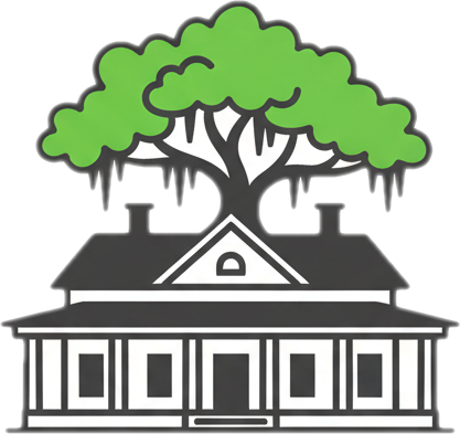 Icon of a historic southern home with a porch and live oak tree in Mold Masters brand colors, representing specialized mold inspection and remediation services for older residential properties.