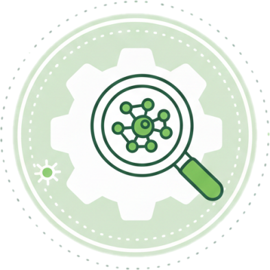 Mold Masters icon for State-of-the-Art Testing featuring a clean white gear, magnifying glass, and molecular spore structure in green, representing advanced mold detection technology and scientific indoor air quality analysis.