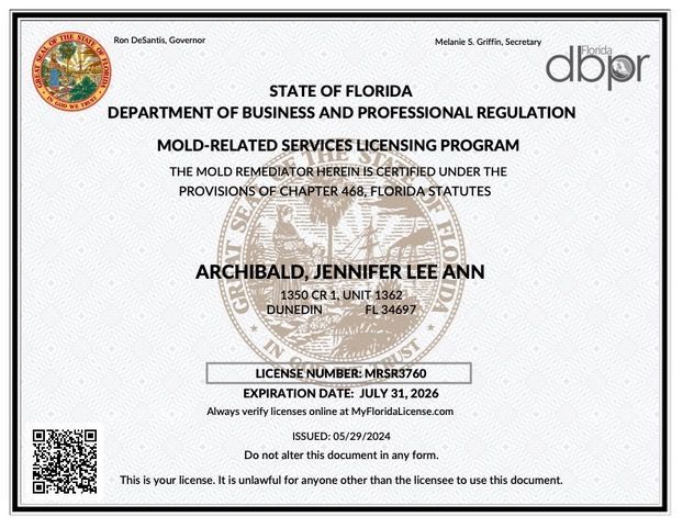 A state of florida department of business and professional regulation mold related services licensing program - Remediator License - Jenni Archibald