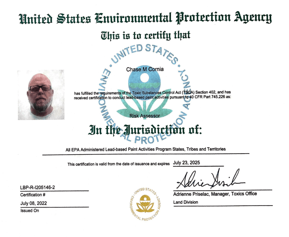 a certificate from the united states environmental protection agency
