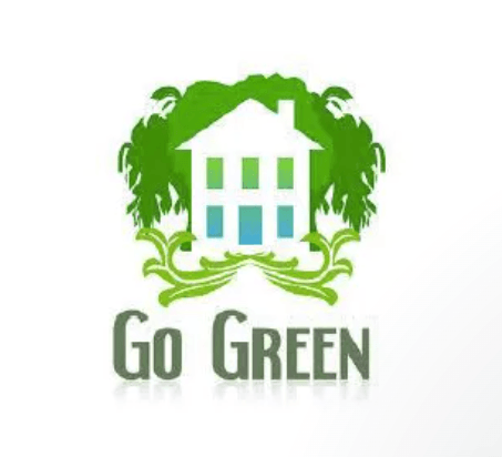 a logo for a company called go green with a house surrounded by trees