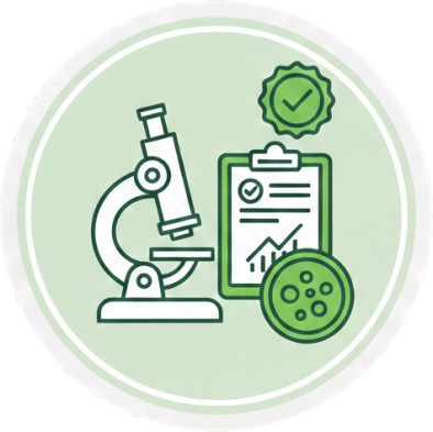 Professional Mold Masters icon for Third-Party Lab Results, featuring a microscope, petri dish, and certified data report within a solid green circular border to represent unbiased laboratory mold testing and air quality certification.
