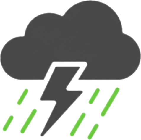 Storm and water damage icon in Mold Masters brand colors, featuring a dark grey thundercloud with lightning and green rain droplets to represent emergency mold services following severe weather.