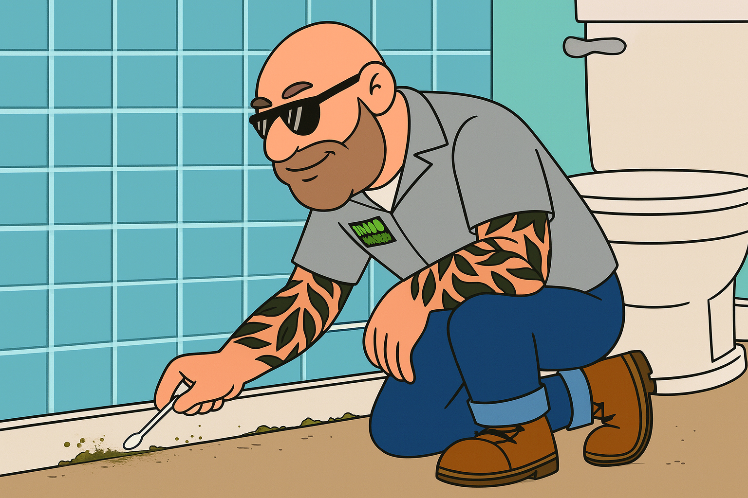 Cartoon-style illustration of a bald, bearded mold inspector wearing sunglasses, a gray “MOLD INSPECTOR” shirt, blue jeans, and brown work boots. He is kneeling beside a toilet in a tiled bathroom, using a cotton swab to collect a sample from a moldy baseboard. His arms are covered in flame-like tattoos, including a red heart tattoo with the word “MOM.” The wall features blue square tiles, and the floor is tan.