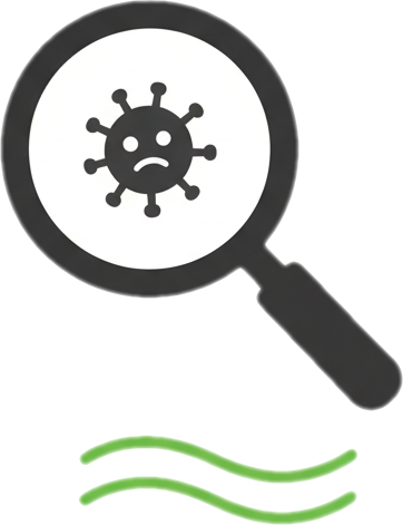Visual mold inspection icon featuring a magnifying glass uncovering a green mold spore character in the Mold Masters brand style, representing professional home mold detection and surface sampling services.