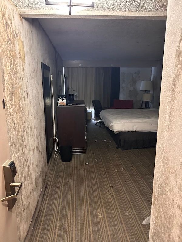 Hotel room entrance with water damage on walls, leading to bed, dresser, and window.
