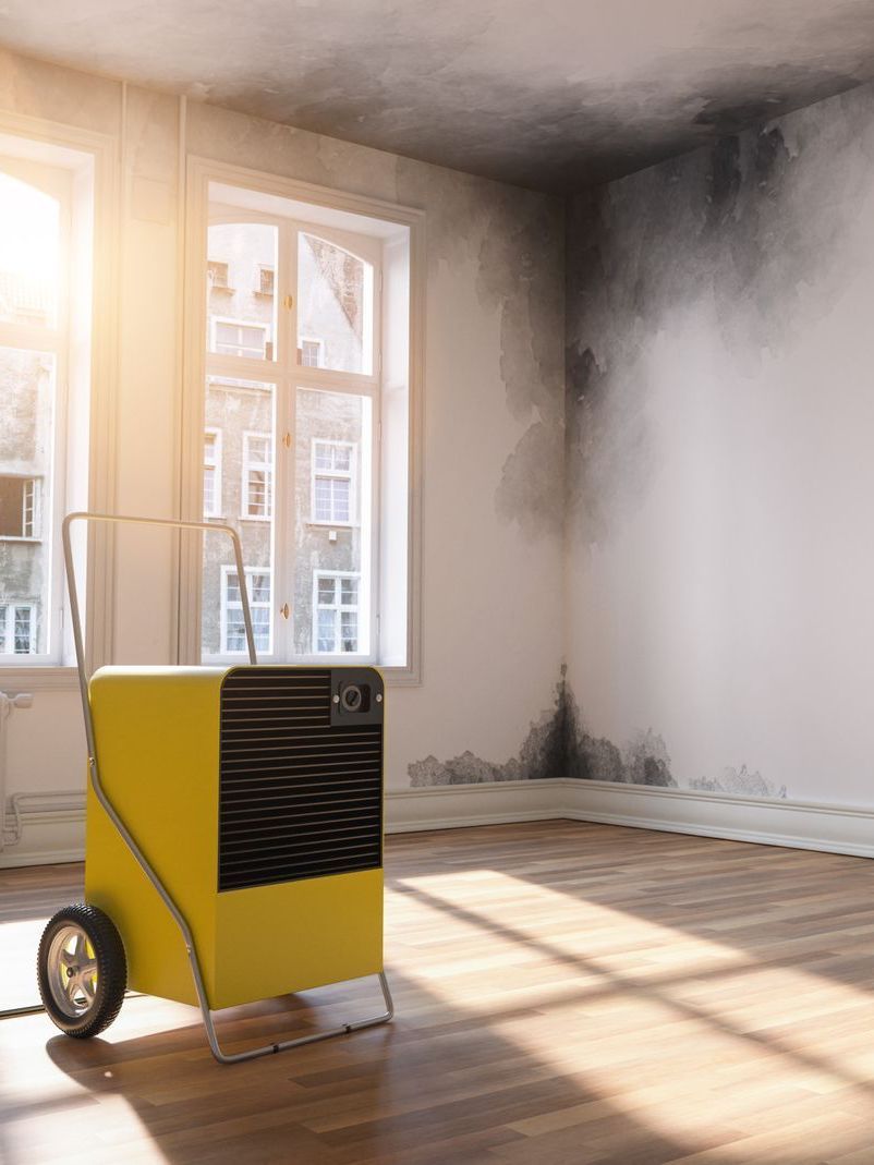 a yellow air conditioner is sitting in an empty room with mold on the walls .