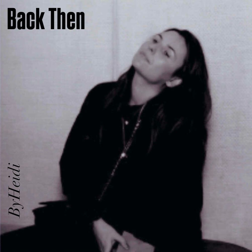 Album Cover - ByHeidi. Black and white photo of a person sitting, tilting head back. Text