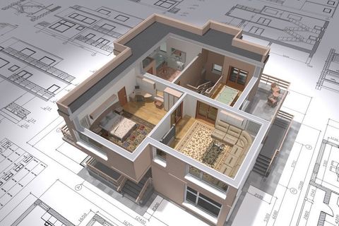 3D isometric view of the cut residential house on architect drawing