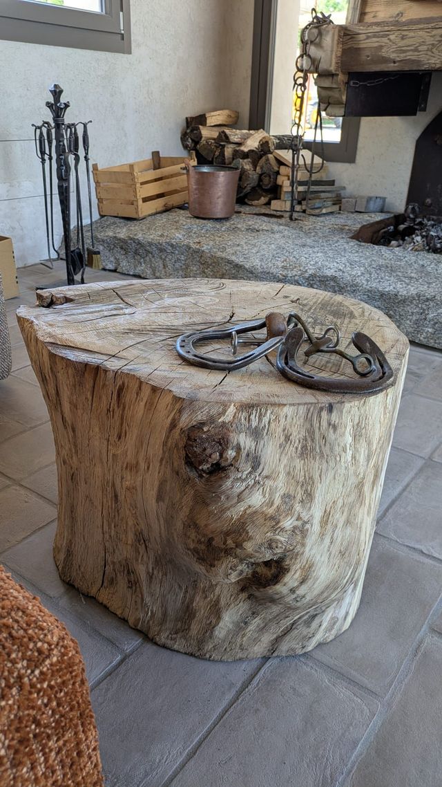 Un grande ceppo d'albero consumato dal tempo, usato come tavolo, con dei ferri di cavallo sopra. In un ambiente interno, vicino a un camino.