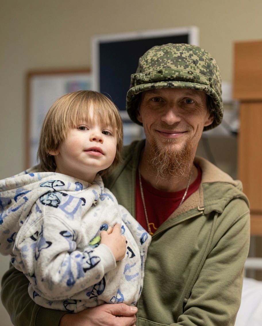 Adult in green hoodie and camouflage hat holding a child indoors, both facing the camera and smiling.