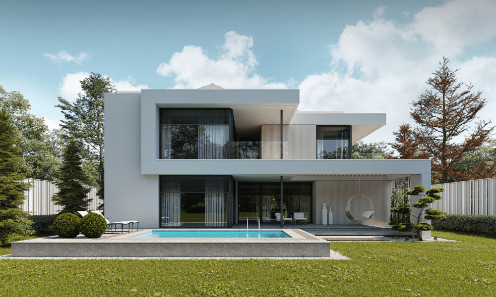 A modern house with a swimming pool in the backyard.