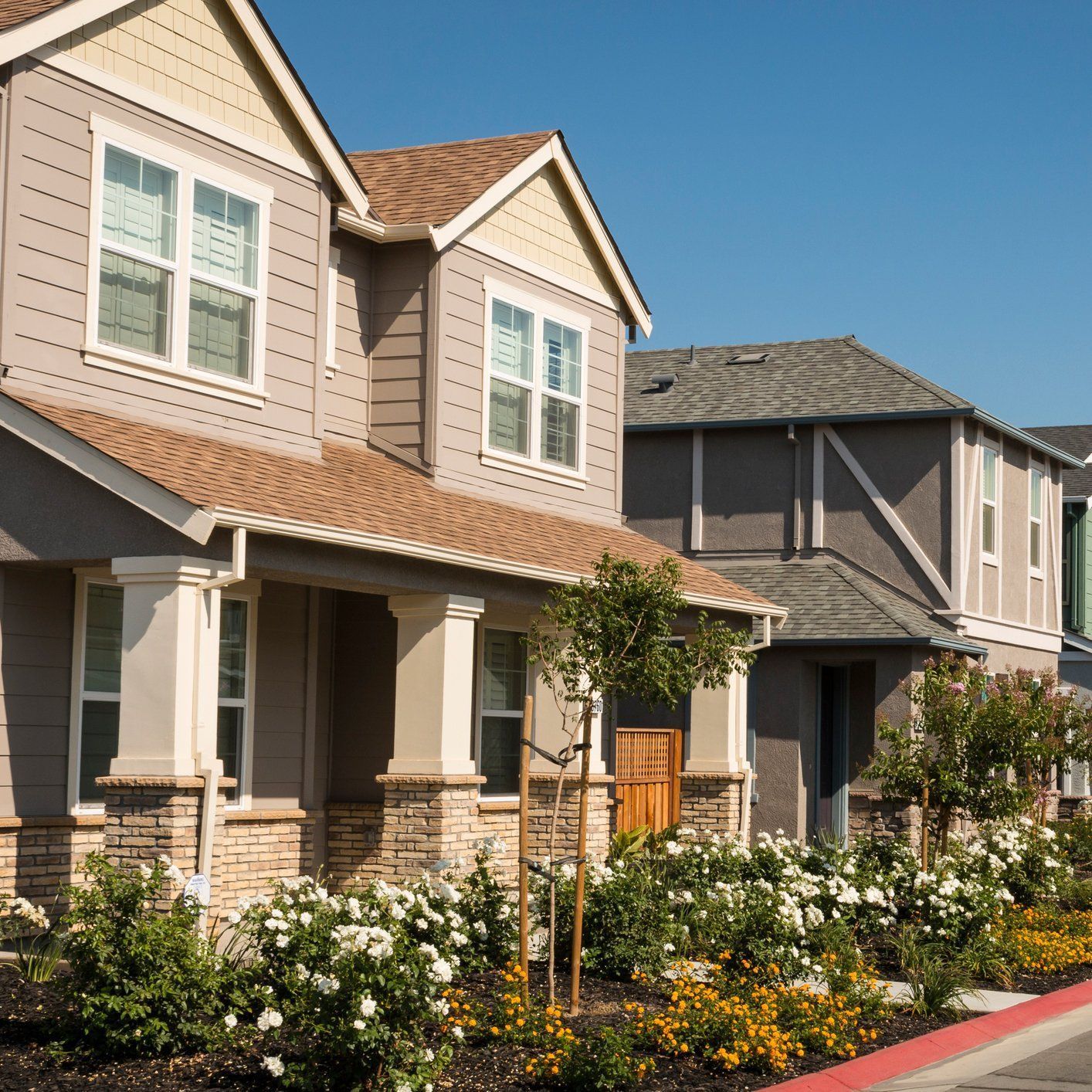 A row of houses with flowers in front of them.