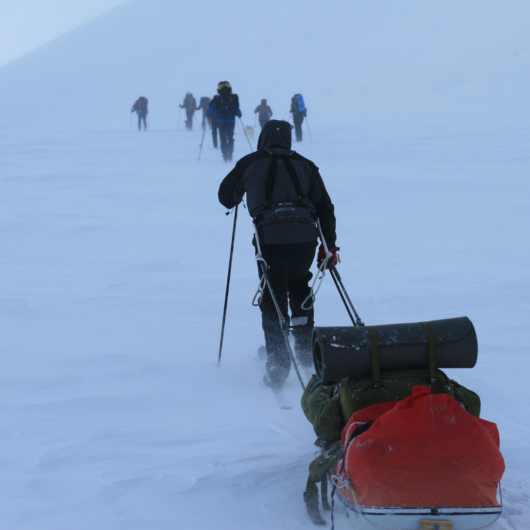 A group of people walking through a snowy field