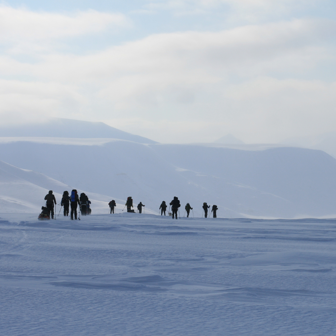 A group of people walking in the snow with mountains in the background