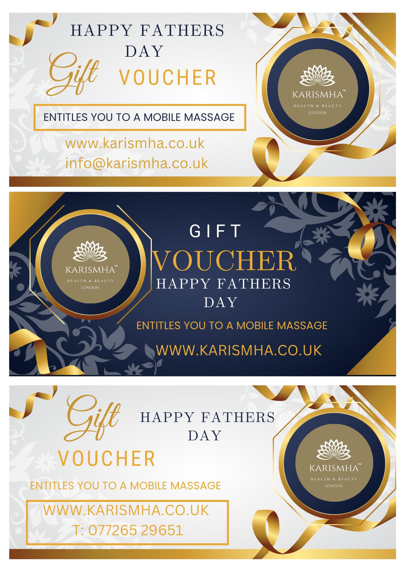 Fathers Day E gift Card, Massage Vouchers For Mobile Visit